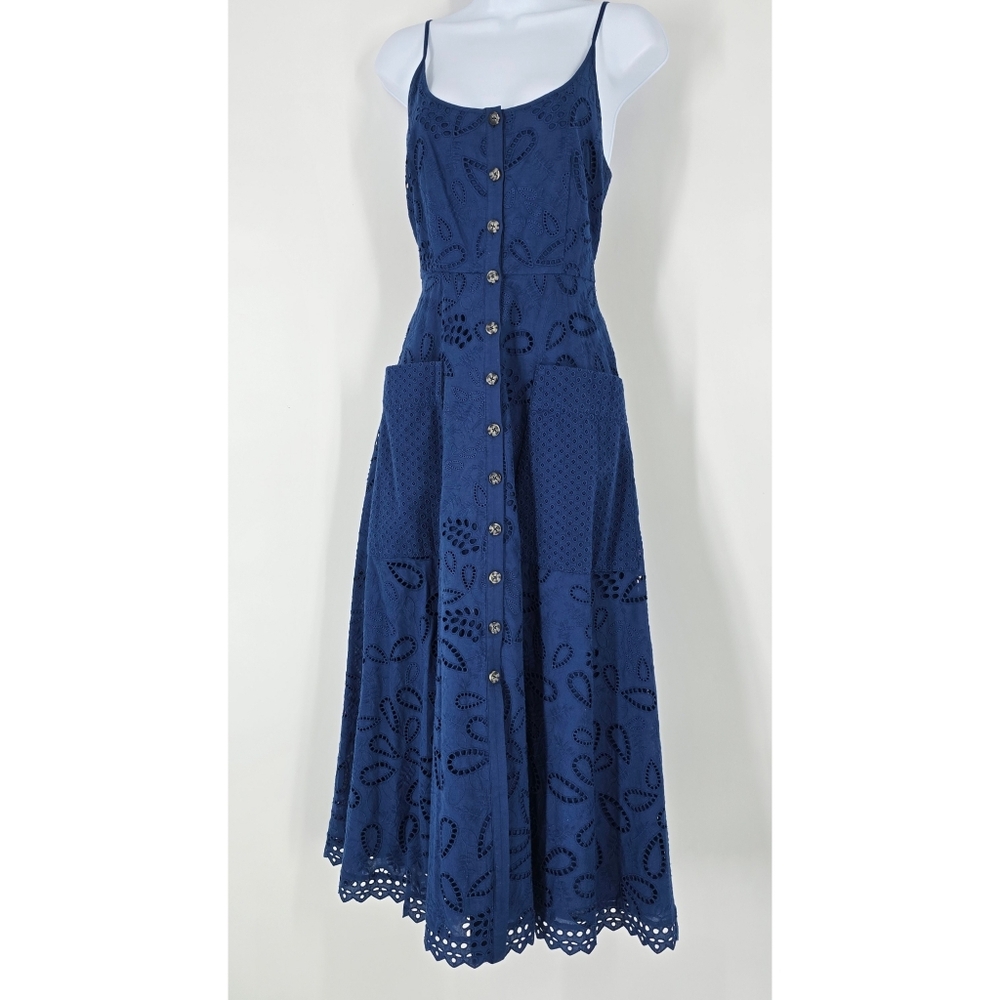 Saloni Cotton Eyelet Midi Dress Navy Blue with Pockets Sleeveless Size Size US 2